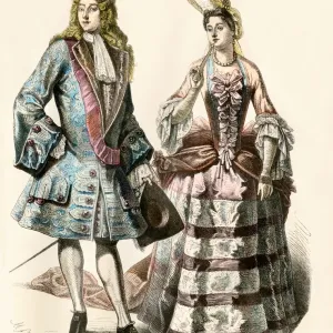 Hand-colored print of a French couple at Louis XIV's court, early 1700s Hand-colored print of a French couple at Louis XIV's court, early 1700s