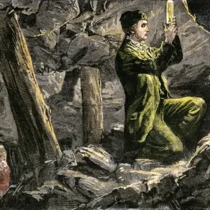 George Stephenson experimenting with his safety lamp in an English coal mine