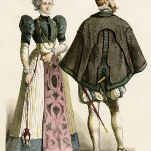 German Couple of the 1500s Hand-Colored Print German Couple of the 1500s Hand-Colored Print