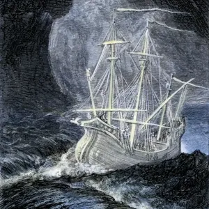Barco fantasma en una tormenta. Grabado de madera coloreada de una ilustración del siglo XIX. Barco fantasma en una tormenta. Grabado de madera coloreada de una ilustración del siglo XIX.