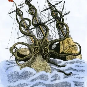 Octopus gigante atacando un barco de vela. Octopus gigante atacando un barco de vela.
