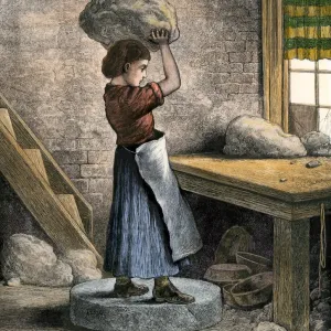 Girl throwing clay to drive out air in a pottery factory Print, 1870s