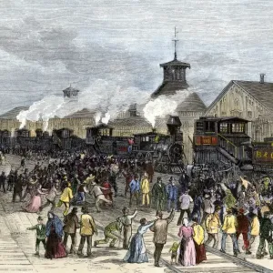 Print of workers blocking locomotives at Martinsburg, West Virginia