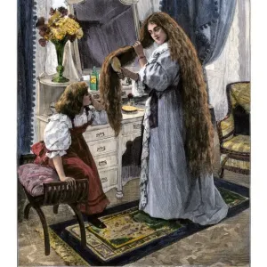 Hand-colored woodcut Print of a Victorian Home Scene, 1880s Hand-colored woodcut Print of a Victorian Home Scene, 1880s