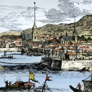 Hand-colored woodcut print of 17th-century Havana harbor Hand-colored woodcut print of 17th-century Havana harbor