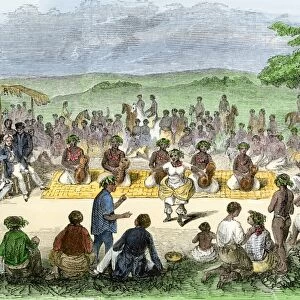 Hawaiians dancing for visitors, 1850s
