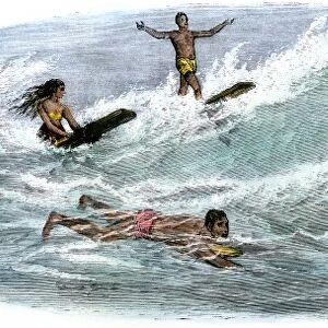Hawaiians surfing, 1870s