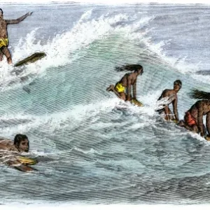 Hawaiians surfing, 1870s