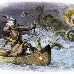 Hiawatha apuntando con su flecha a un dragón marino. Hiawatha apuntando con su flecha a un dragón marino.
