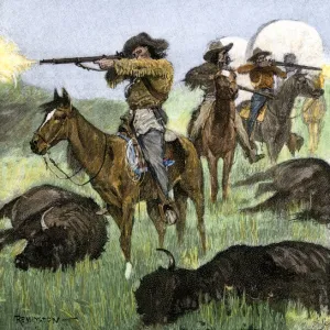 Hunting buffalo to feed a wagon train of pioneers