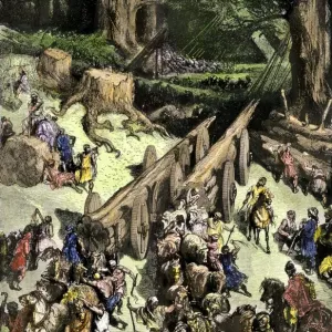 Hand-colored woodcut Print of King Hiram and Israelites Cutting Cedars