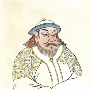 Hand-colored 19th-century engraving Print of Kublai Khan's Portrait