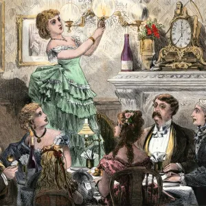 Lighting the gas lamps for a dinner party, 1800s