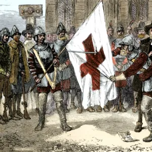 Massachusetts Puritans removing the cross from the English flag