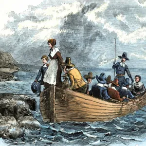 Mayflower passengers landing at Plymouth Rock, 1620