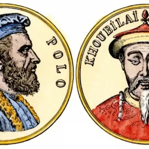 Hand-colored woodcut print of Marco Polo and Kublai Khan Medallions
