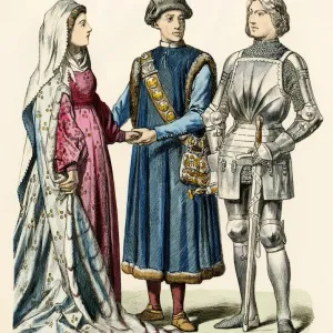 Medieval German Couple and a Knight, Early 1400s Print Medieval German Couple and a Knight, Early 1400s Print