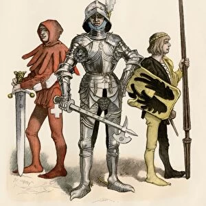 Medieval knight with his page and squire