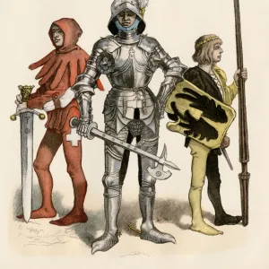 Medieval knight with his page and squire