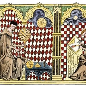 Medieval monks studying geometry and copying a manuscript