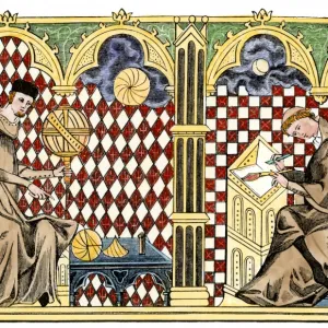 Medieval monks studying geometry and copying a manuscript