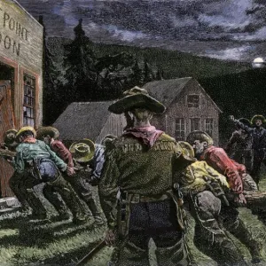 Miners smashing into a saloon