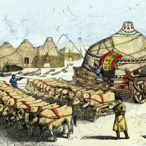 Mongol nomads moving camp