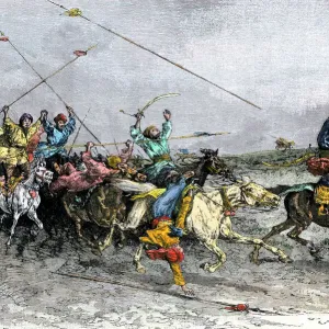 Mongol soldiers demonstrating their horsemanship