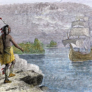Native American seeing the Mayflower arrive