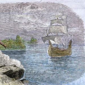 Native American seeing the Mayflower arrive