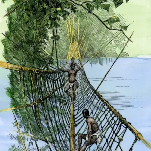 Native Suspension Bridge Print, Congo River 1800s