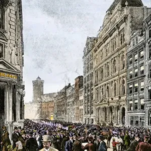 Hand-colored woodcut print of 19th-century Wall Street chaos