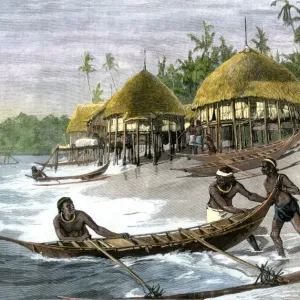 Outrigger Canoe Print, Nicobar Islands Village Scene Outrigger Canoe Print, Nicobar Islands Village Scene