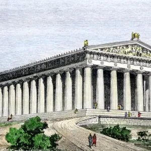 Hand-colored woodcut Print of the Parthenon atop the Acropolis Hand-colored woodcut Print of the Parthenon atop the Acropolis