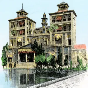 Hand-colored woodcut print of the Persian Royal Palace in Teheran, 1800s Hand-colored woodcut print of the Persian Royal Palace in Teheran, 1800s