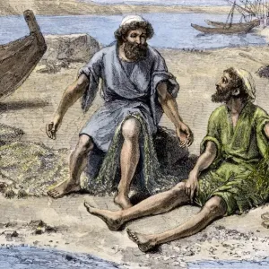 Peter and Andrew mending their nets by the Sea of Galilee before becoming Peter and Andrew mending their nets by the Sea of Galilee before becoming