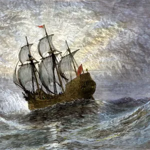 Pilgrims ship Mayflower at sea, 1620