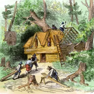 Plymouth colonists building homes