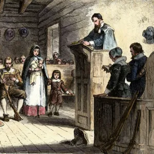 Plymouth colonists in church, 1620s