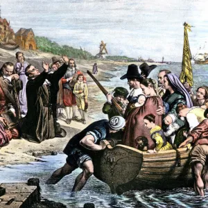 Plymouth colonists embarking on the Mayflower voyage, 1620