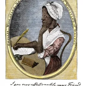 Poet Phyllis Wheatly. Hand-colored woodcut of an 18th-century illustration Poet Phyllis Wheatly. Hand-colored woodcut of an 18th-century illustration