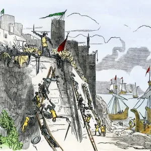 Hand-colored woodcut Print of the Portuguese Capture of Ceuta