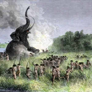 Prehistoric hunters surrounding a wooly mammoth