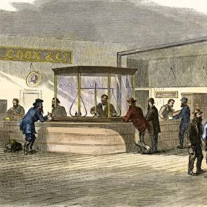 Prospectors bringing gold to a Denver bank, 1860s
