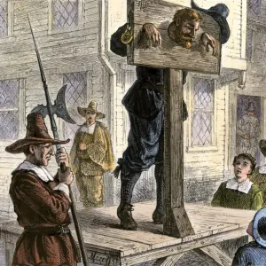 Puritan prisoner in the pillory in New England