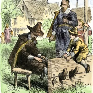 Puritan in the stocks as punishment in Massachusetts, 1600s