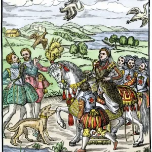 Queen Elizabeth II in a Hunting Scene, Hand-colored Woodcut Print Queen Elizabeth II in a Hunting Scene, Hand-colored Woodcut Print