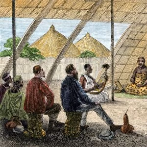 Queen of Uganda receiving British explorers Speke and Grant