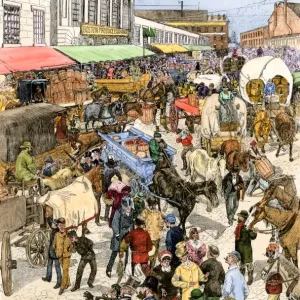 Quincy Market Print, 1880s Woodcut Illustration of Boston Produce Sellers