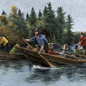 Racing heavy canoes on a northern river, 1800s